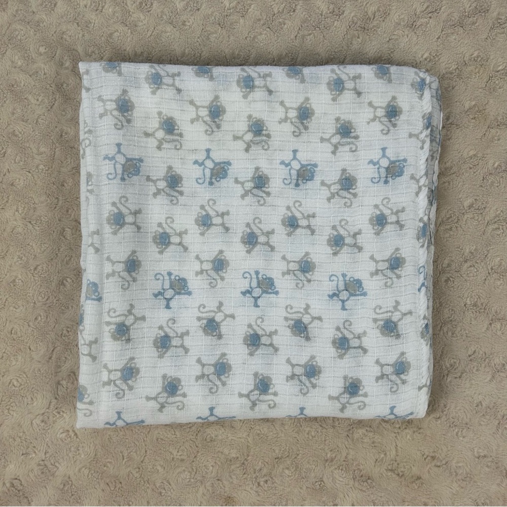 Ideal Baby by Aden + Anais Blue Monkey Baby Swaddle Blanket White Gray